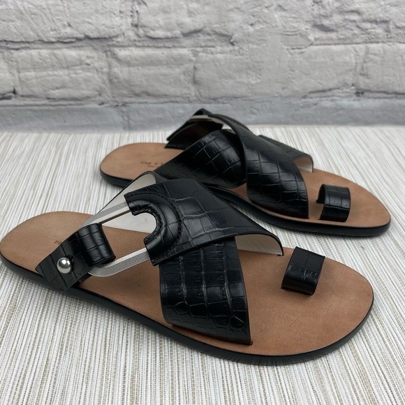 NEW Rag & Bone August Croc Embossed Leather Slide Sandals In Black - Picture 3 of 13